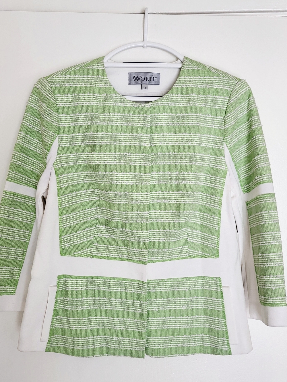 Worth Green and White Striped Long Sleeve Jacquard Jacket Womens 14